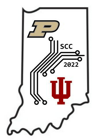 A line drawing of Indiana with the IU and Purdue logos, a stylized wiring diagram, and "SCC 2022"